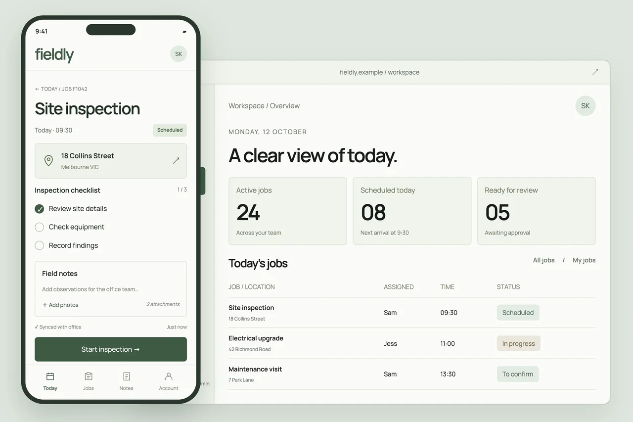 FIELDLY concept detail: a phone app with task details and an office jobs workspace