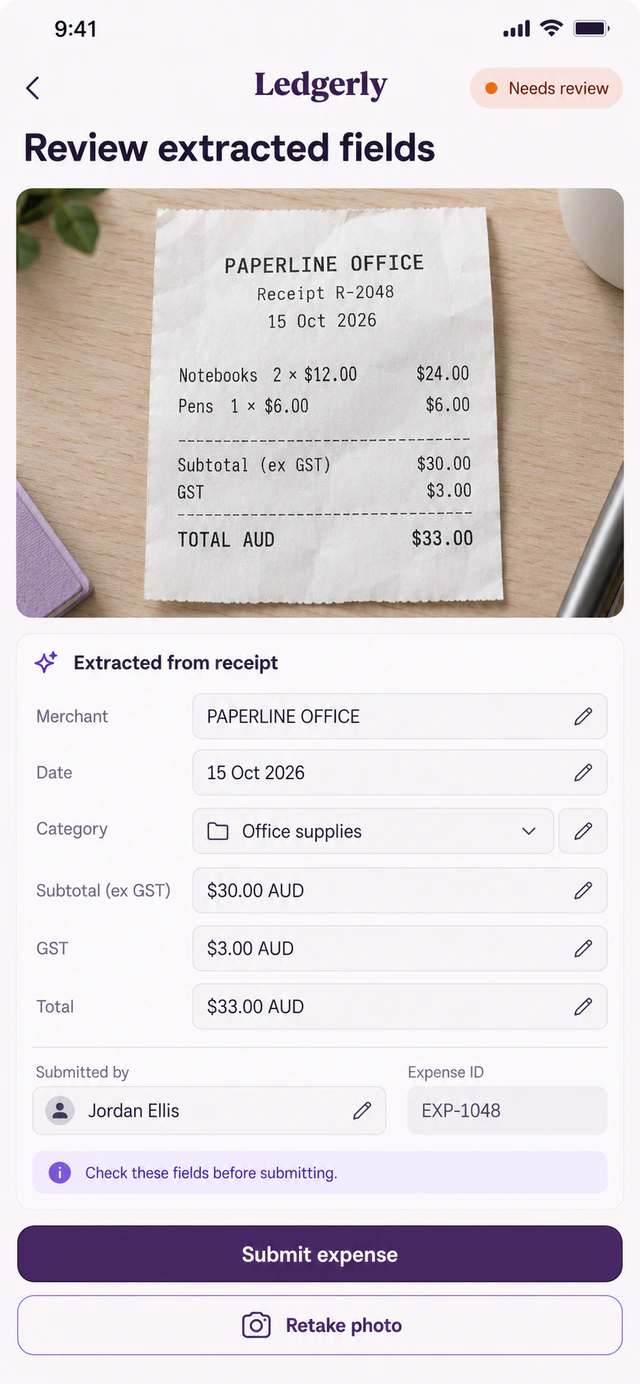 Ledgerly AI receipt concept showing a PAPERLINE OFFICE receipt, editable fields and a 33 AUD expense before submission.
