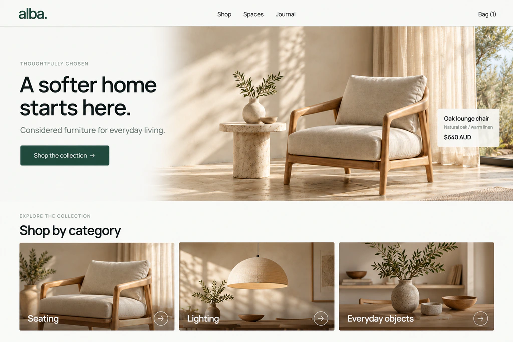 ALBA storefront concept showing furniture collections and an oak lounge chair.