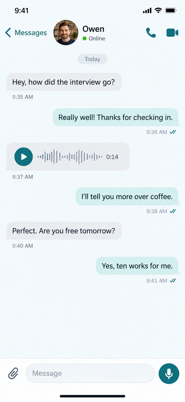 Independent messaging concept showing Owen, text and voice messages, input and call controls.