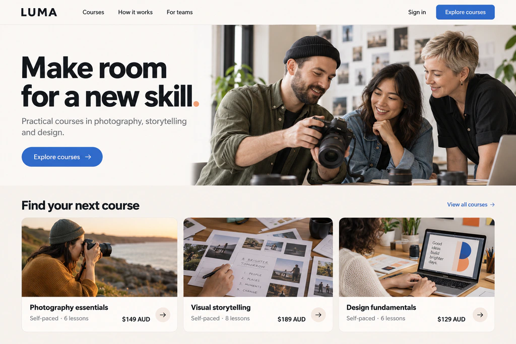 LUMA learning website concept showing photography and design courses.