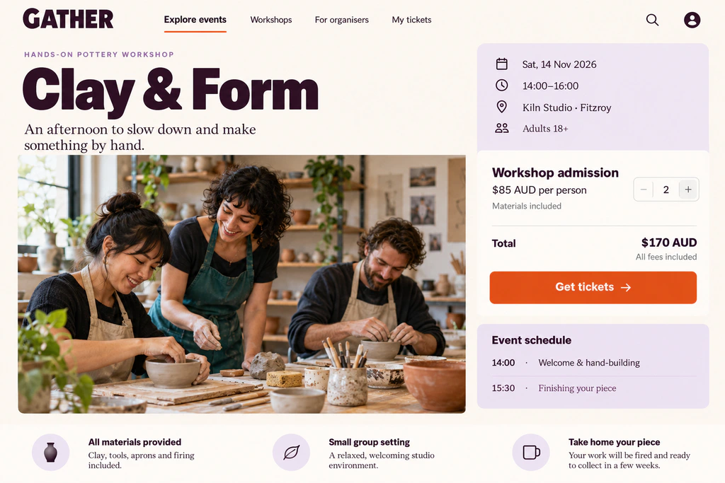 GATHER event website concept showing the Clay & Form pottery workshop, its 14 November session and two tickets totaling 170 AUD.