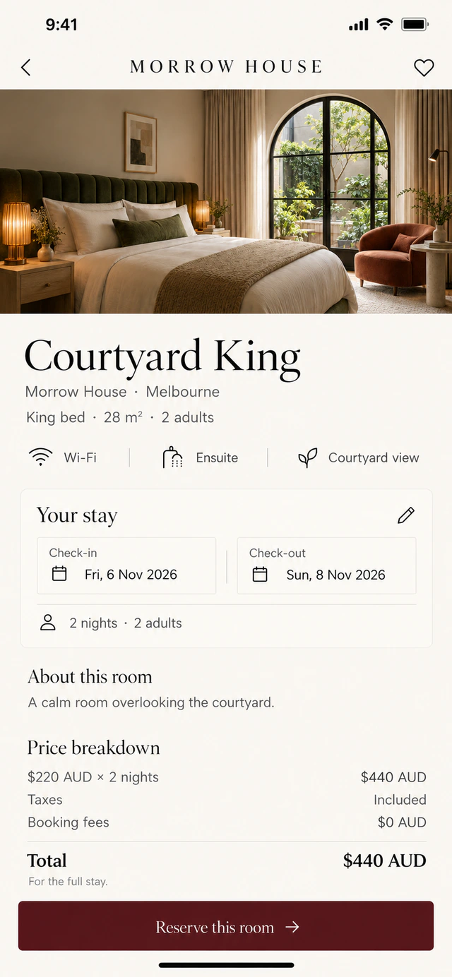 Hotel booking app concept showing Courtyard King, a 6–8 November stay, a 220 AUD nightly rate and 440 AUD total.