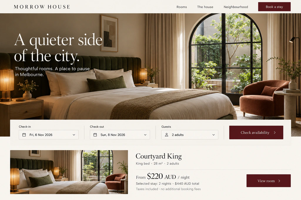 Morrow House hotel website concept showing the Courtyard King room, two adults, two nights and a 440 AUD stay total.