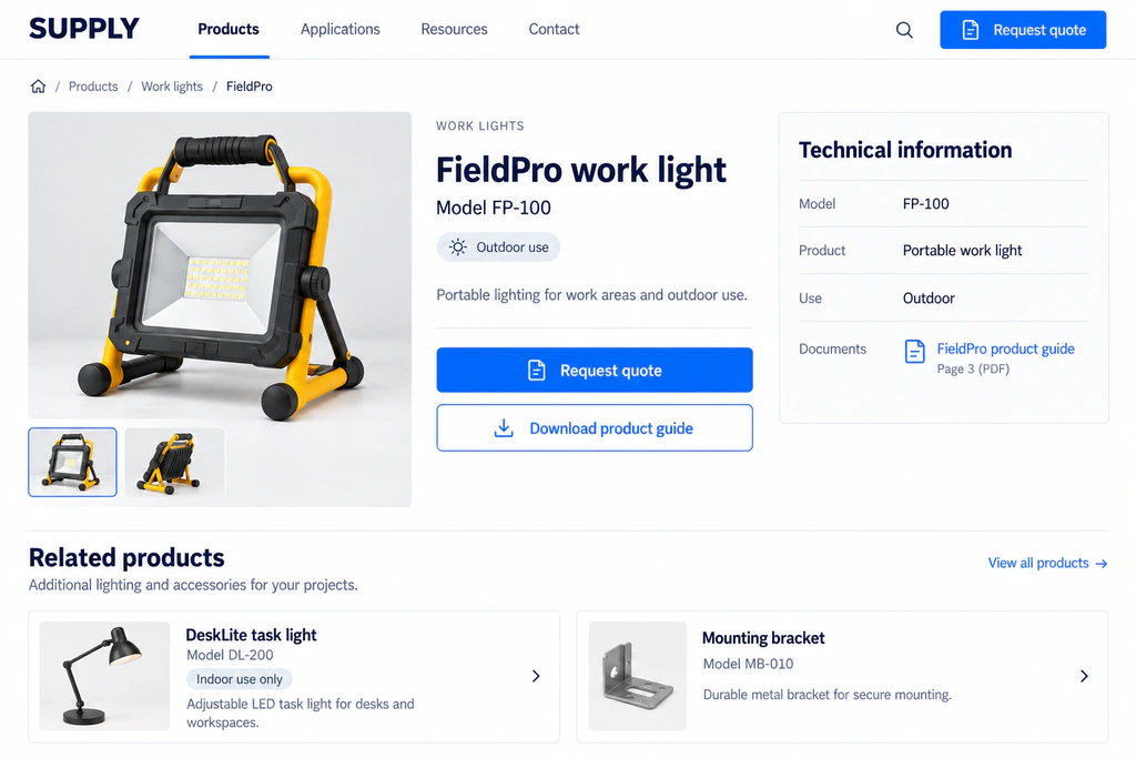 SUPPLY industrial website concept showing the FieldPro work light, FP-100 model, outdoor use, document download and enquiry.
