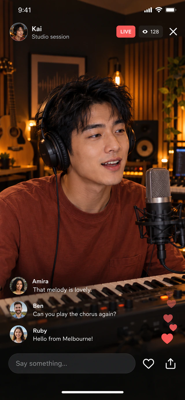 Independent music-streaming concept showing Kai, a music studio, live status and public comments.