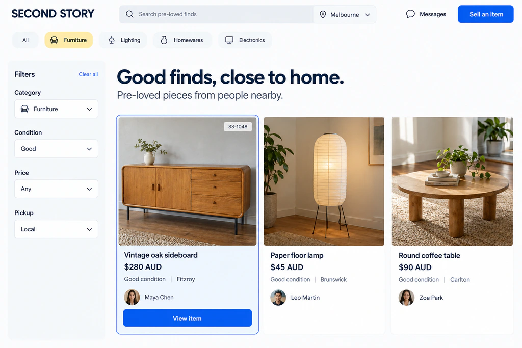SECOND STORY marketplace website concept showing category search, Melbourne location filters, a 280 AUD oak sideboard and other sellers' listings.