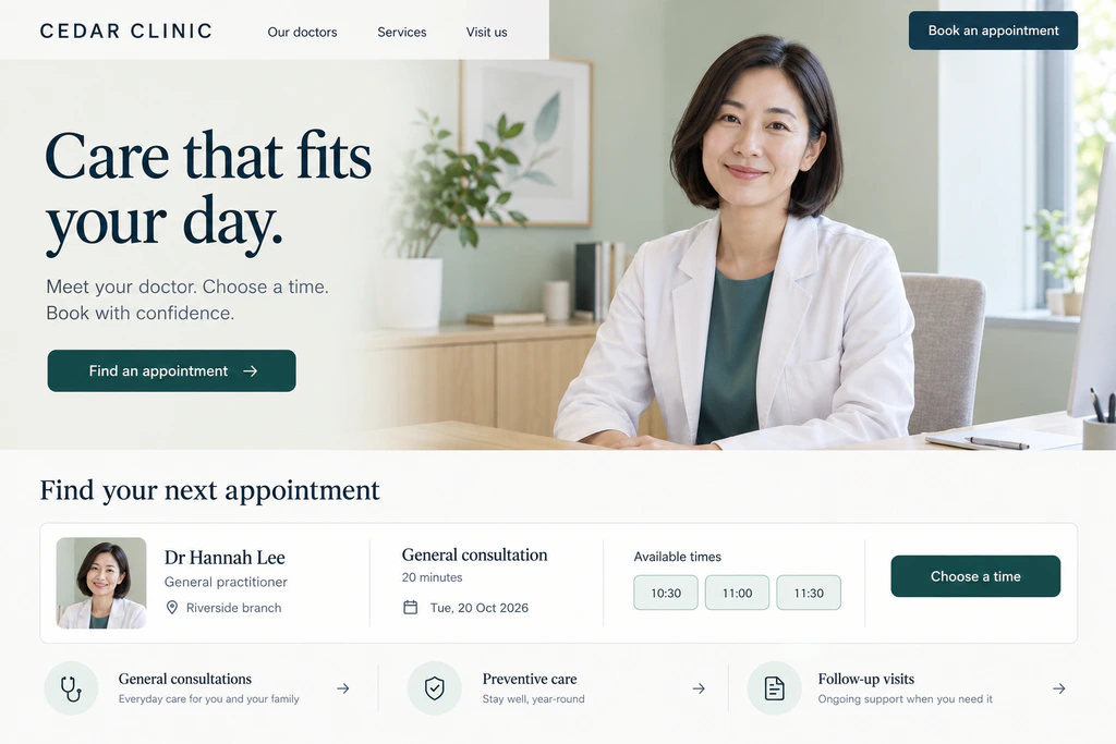 Cedar Clinic website concept showing Dr Hannah Lee, general consultations, Riverside branch and appointment times.