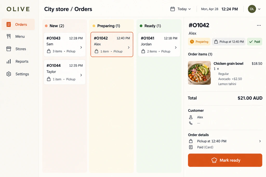 OLIVE order workspace showing preparation stages and a selected pickup order.