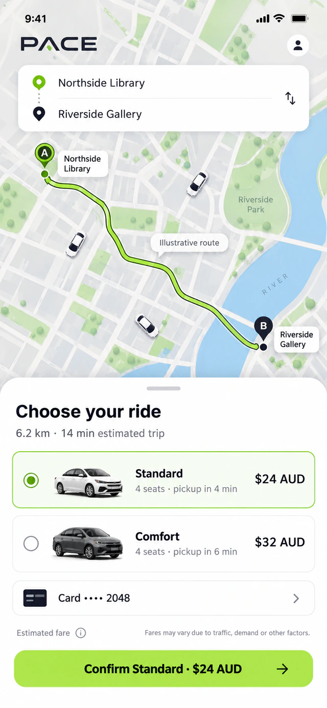 PACE ride booking concept showing an illustrative Northside Library to Riverside Gallery route, Standard vehicle and 24 AUD estimated fare.