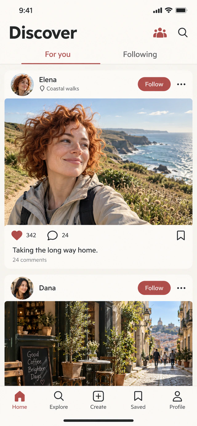 Independent social-feed concept showing Elena's coastal post and Dana's city content.